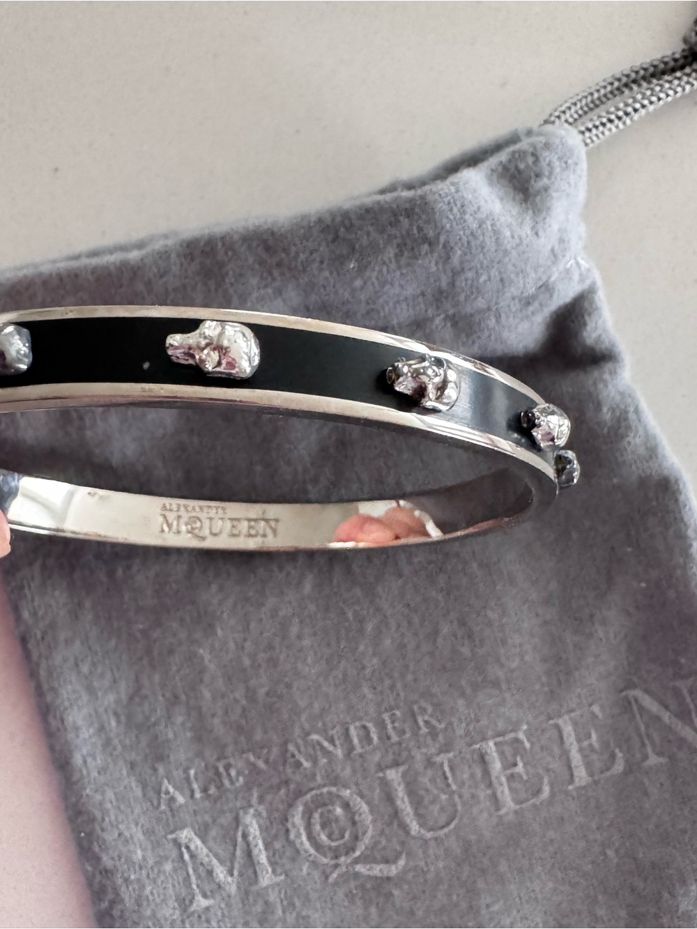 Alexander McQueen Black Enamel Skull Bracelet with Silver Accents